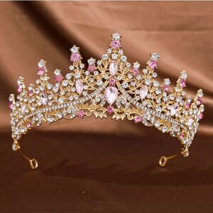 Wicked Silk Prom, Quinceanera Jeweled Crown Tiara Headband - Golden Pink